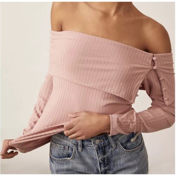 Anthropologie Button down Ribbed foldover off-shoulder top in mauve size small - Picture 1 of 5